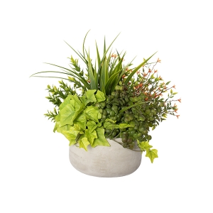 CENTERPIECE WITH SMALL ORANGE FLOWERS AND MIXED FOLIAGE.